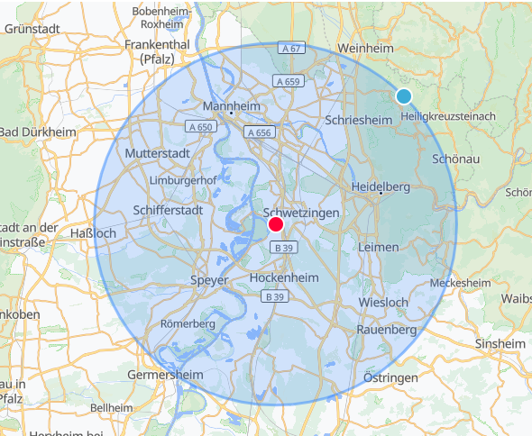 Servicegebiet Karte mit 20km Umkreis um Ketsch